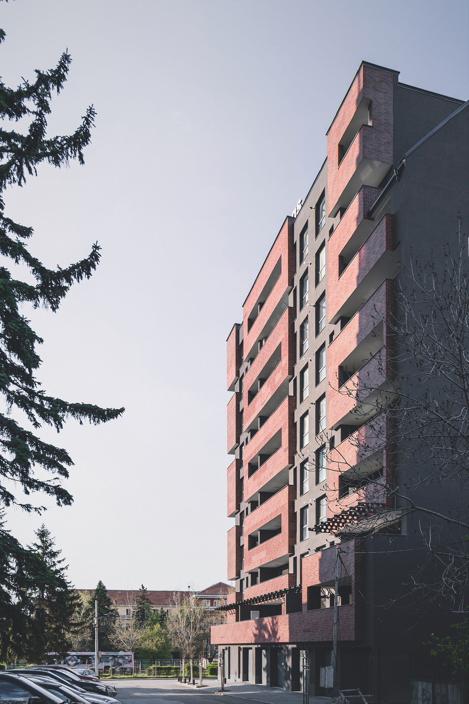 A modern building with a brick facade